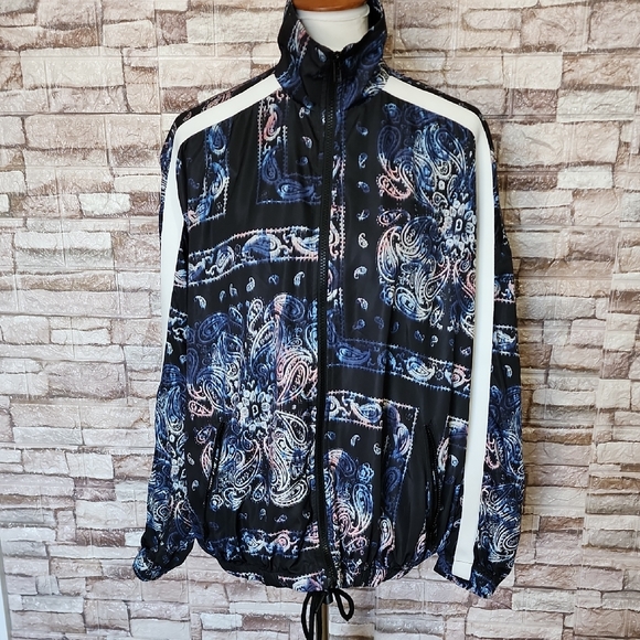 Pam & Gela Bandana Stand CollarBlack Blue and White Paisley Jacket Brand New